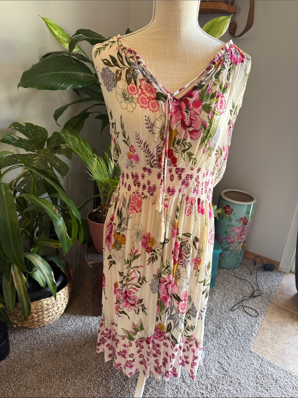 Bila Cream Floral Midi Dress with Pink & Green Print